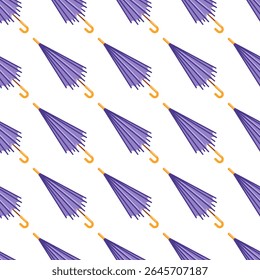 Esta ilustração vetorial apresenta um padrão perfeito de guarda-chuvas roxos elegantes. O design apresenta um layout simétrico, perfeito para projetos com temática de chuva, adicionando charme e cor a qualquer fundo.