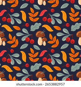 This vector illustration features a seamless autumn pattern with colorful leaves, charming mushrooms, and vibrant berries. Perfect for seasonal designs, it brings warmth and a cozy feel to any project
