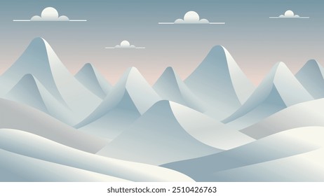 This vector illustration features a serene winter landscape showcasing snowcapped mountains with minimalist silhouettes. Ideal for winter adventure designs, outdoor graphics, and nature scene vectors.