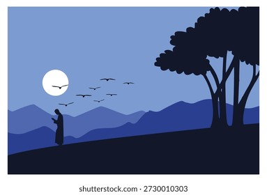 Diese Vektorgrafik zeigt eine ruhige und friedliche Nachtszene, die von einer dunklen und hellblauen Farbpalette dominiert wird, mit Elementen, die als einfache Silhouetten dargestellt werden. Die Atmosphäre ist ruhig und kontemplativ im Freien bei Nacht oder Abenddämmerung. Rechts ist die Silhouette eines großen Baumes mit vielen Zweigen, und unten links die Silhouette einer Person, die nach rechts steht, scheinbar in einer Gebets- oder Kontemplationsposition. Der weitläufige blaue Himmel ist von einem großen, weißen Vollmond oder Sonnenaufgang geschmückt, und eine Herde kleiner Vögel fliegt über den Himmel. Ebenen von Bergen oder Hügeln schaffen visuelle Tiefe. Der flache, minimalistische Kunststil mit dem Fokus auf Form und Farbkontrast ist typisch für Vektorgrafiken, die Schärfe in verschiedenen Größen erhalten.