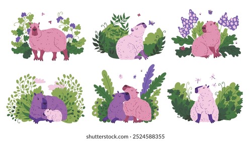 Esta Ilustración vectorial presenta un conjunto con un capibara púrpura y rosa entre hojas y flores verdes. Este adorable personaje es perfecto para las tarjetas y pegatinas de los niños. Estilo plano.