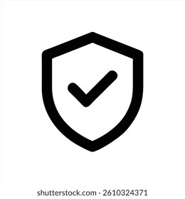 This vector illustration features a shield design with a prominent checkmark, representing trust and security. The simple black and white tones enhance its modern appeal.