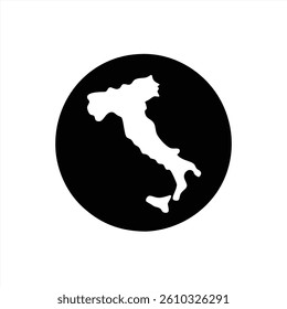 This vector illustration features a silhouette of Italy set against a bold black circular background. It emphasizes the distinctive shape of the Italian peninsula, ideal for cultural themes.