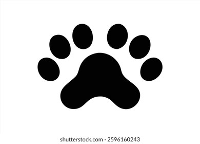 This vector illustration features a simple black animal paw print against a white background, showcasing five toe pads and a larger central pad, symbolizing companionship and playfulness.
