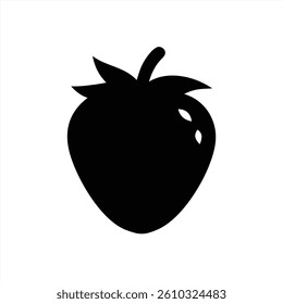 This vector illustration features a simple black silhouette of a strawberry, showcasing its distinct shape and leaves. It is ideal for use in graphic design projects focused on food.