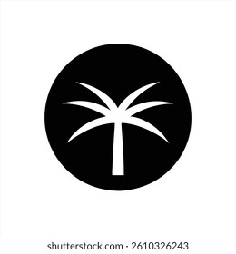 This vector illustration features a simple design of a palm tree set against a black circular background. The clean lines and minimal style emphasize tropical themes and relaxation.