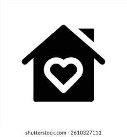 This vector illustration features a simple black house design with a heart shape cutout in the center, symbolizing love and comfort associated with home, evoking warmth and safety.