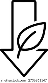 This vector illustration features a simple line art icon representing eco-friendly reduction. A downward arrow combined with a leaf symbolizes decreasing environmental impact, green energy consumption, or promoting sustainability. It's suitable for infographics and web design.
