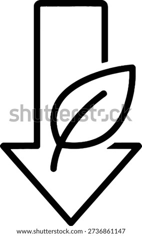 This vector illustration features a simple line art icon representing eco-friendly reduction. A downward arrow combined with a leaf symbolizes decreasing environmental impact, green energy consumption, or promoting sustainability. It's suitable for infographics and web design.

