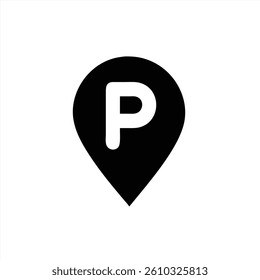 This vector illustration features a simplified parking location marker that highlights parking spots on maps. It is designed with a bold black outline and clear white lettering for visibility.