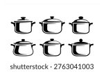 This vector illustration features six black pot icons with lids, arranged in two rows. The pots have a simple, modern design and are fully editable. The EPS10 file is scalable to any size without losing quality, making it perfect for various commercial uses such as logos, branding, and graphic design projects.