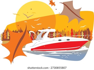 Esta Ilustración vectorial cuenta con una elegante lancha rápida roja y blanca que cruza aguas tranquilas en un entorno otoñal. Los colores cálidos de la temporada y las hojas que caen crean una atmósfera dinámica pero pacífica, lo que hace que la Imagen sea ideal para temas relacionados con la navegación, el Ocio acuático, los viajes y las aventuras de otoño.