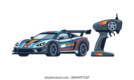 This vector illustration features a sleek, low-profile RC racing car designed with a large rear wing and a vibrant multi-colored livery including blue, orange, and red stripes. Next to the car is a modern pistol-grip remote control transmitter with a steering wheel and antenna. Both objects are presented in a clean, flat design style against a plain white background, emphasizing the hobbyist and competitive racing theme.