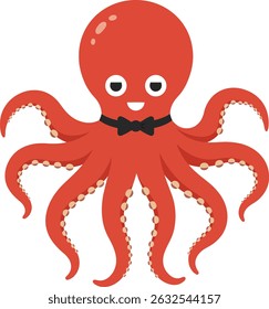 This vector illustration features a smiling octopus wearing a bow tie with eight arms spread out in a cheerful and friendly pose. The design is simple and playful mood.