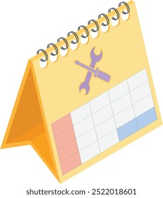 This vector illustration features a spiral-bound desk calendar with a prominent tools icon (wrench and screwdriver) at the top, symbolizing maintenance, repair, or service scheduling.