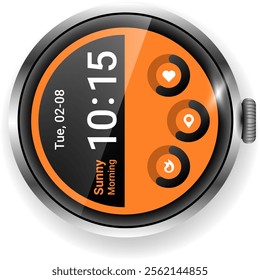 This vector illustration features a sport focused smartwatch interface with a bold orange theme