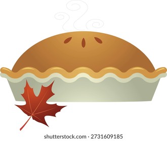 This vector illustration features a steaming hot pie with a crimped crust and top vents, accompanied by a red maple leaf, evoking the warmth and festive spirit of autumn and Thanksgiving celebrations. The design highlights seasonal themes, family gatherings, and holiday traditions, making it perfect for creative projects, seasonal marketing, greeting cards, and digital or print media. The warm colors and detailed depiction of the pie convey comfort, home-cooked meals, and cozy fall experiences, while the maple leaf reinforces the autumnal atmosphere. Ideal for use in clip art collections, posters, social media graphics, recipe blogs, or holiday-themed designs, this artwork communicates the essence of the season in a visually appealing and versatile style. Its clean vector format ensures easy scalability for banners, advertisements, flyers, educational materials, or product packaging, allowing designers to integrate the illustration seamlessly into a variety of projects. The composition emphasizes both the pie’s texture and the symbolic leaf, creating a harmonious and inviting image that celebrates tradition, harvest, and festive cuisine. Perfect for content targeting families, food enthusiasts, and seasonal creatives, this illustration works well in editorial layouts, seasonal promotions, and lifestyle campaigns, while offering flexibility for commercial or personal use. The charming, detailed representation captures the warmth, flavor, and visual appeal of classic holiday desserts, making it suitable for storytelling, marketing, and decorative purposes. With its bright colors, recognizable symbolism, and festive atmosphere, the artwork communicates comfort, celebration, and autumnal joy, enhancing graphics, holiday designs, and themed illustrations with a professional and engaging touch. Whether used in print, digital media, or creative projects, this vector pie illustration embodies the cozy, celebratory spirit of fall and Thanksgiving, providing a versatile and visually compelling asset for designers,