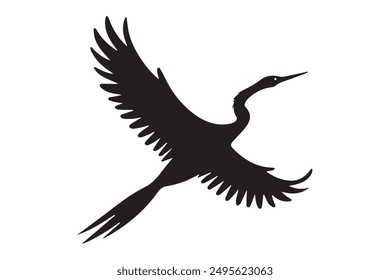 This vector illustration features a striking silhouette of an Anhinga bird in flight. Perfect for nature and wildlife themes, it's ideal for design projects, websites, and print materials