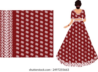 This vector illustration features a stunning bride dressed in a vibrant red lehenga, perfect for a traditional wedding.