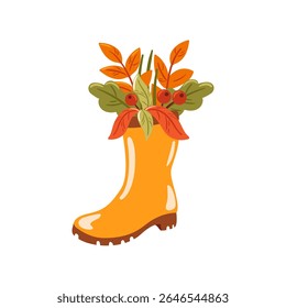 Esta ilustração vetorial apresenta um impressionante arranjo floral de outono apresentado em uma alegre bota de borracha laranja. Perfeito para a decoração sazonal, as cores vibrantes trazem calor e charme para qualquer espaço.