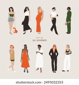 This vector illustration features a stylish collection of 10 women