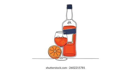This vector illustration features a stylish minimalistic drawing of a bottle, a wine glass, and a fresh orange slice. The bottle is filled with a vibrant orange-red beverage, paired perfectly.