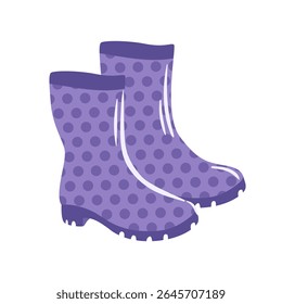 This vector illustration features stylish purple rubber boots adorned with playful polka dots. Perfect for rainy days, they combine fashion and function, adding a fun touch to any outdoor outfit.
