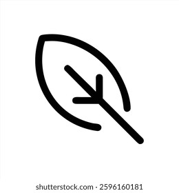 This vector illustration features a stylized leaf with a clean, minimalist design. The black outline contrasts with a white background, emphasizing the natural form and structure of the leaf.