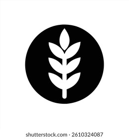 This vector illustration features a stylized leaf design inside a black circle. The leaf, with its five elongated leaves, symbolizes nature, growth, and sustainability.
