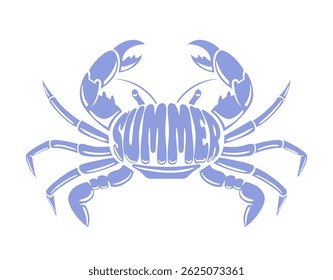 Esta ilustração vetorial apresenta um caranguejo azul estilizado adornado com a palavra VERÃO estampada em seu corpo. O design vibrante captura a essência da diversão costeira e da vida na praia, perfeito para