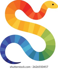 This vector illustration features a stylized snake with smooth curves and a rainbow gradient from warm to cool colors, presenting a vibrant and modern design. Bright and lively mood.