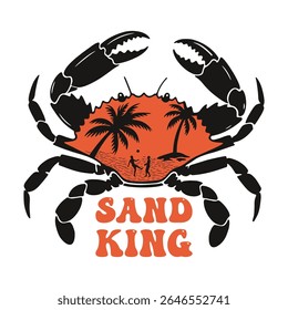 This vector illustration features a stylized crab with a vibrant orange beach scene inside its shell. Palm trees sway in the sunset as two figures play volleyball.