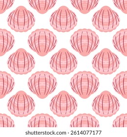 This vector illustration features a symmetrical pattern of delicate pink shells. The soft color palette adds a charming, beach-inspired touch, perfect for various designs.