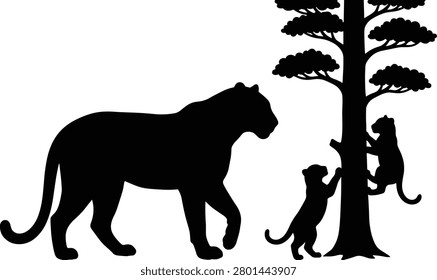 This vector illustration features a tigress and her young cubs in a natural outdoor setting. It is ideal for wildlife conservation materials, nature-themed graphic designs, and educational animal illustrations.
