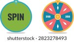 This vector illustration features two circular spin wheels — one with a green “SPIN” button and another divided into colorful segments labeled with rewards. Ideal for use in gaming interfaces, promotional events, lucky draw designs, and interactive app graphics.