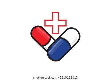 This vector illustration features two capsules, one red and one blue, forming a checkmark, with a red medical cross above them, set against a white background.