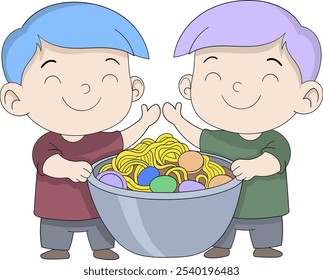 This vector illustration features two cheerful twin boy mascots with unique colorful hair, joyfully holding a large bowl filled with ramen noodles and vibrant ingredients