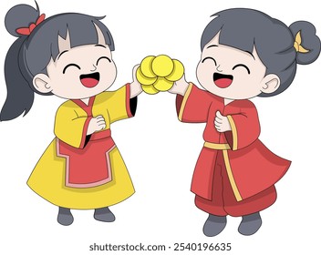 This vector illustration features two joyful twin Chinese girls dressed in colorful traditional outfits, each holding gold coins symbolizing prosperity and wealth