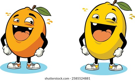 This vector illustration features two adorable cartoon fruit characters, an orange and a lemon, with big eyes and open mouths, expressing surprise or excitement. The vibrant colors and playful design 