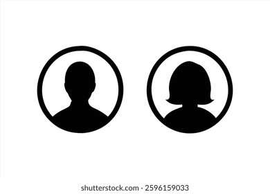 This vector illustration features two silhouettes of individuals within circular frames. One silhouette represents a person with short hair, while the other depicts a person with longer hair.