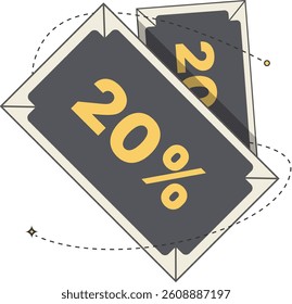This vector illustration features two stylish discount tags, each displaying '20%'. The design is modern and flat, with unique notched corners and a striking dark gray and yellow color palette.