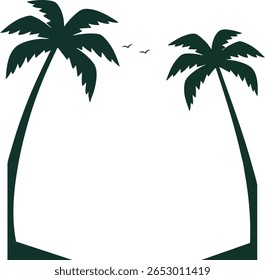 Esta ilustração vetorial apresenta duas silhuetas de palmeira verde com pássaros voadores, evocando uma pacífica cena da natureza tropical em um estilo minimalista. Calmo e humor sereno.