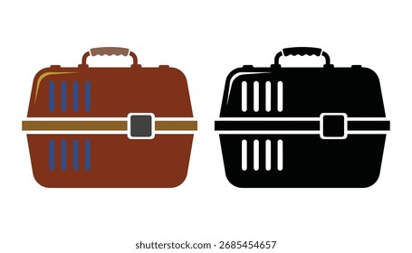 Esta ilustração vetorial apresenta dois porta-animais de estimação, um em cor e outro como uma silhueta. O suporte colorido é marrom com aberturas azuis e uma alça marrom, enquanto o