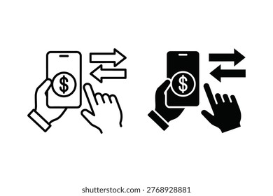 This vector illustration features two icons representing mobile payment transactions. One shows a hand holding a smartphone with a dollar sign, and the other depicts transfer arrows, ideal for financial or business concepts.