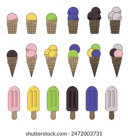 This vector illustration features a variety of colorful ice cream cones and popsicles. 