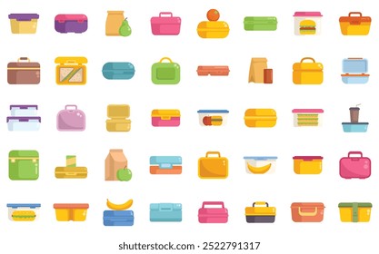 This vector illustration features a variety of lunch boxes, perfect for illustrating healthy eating habits or back to school concepts