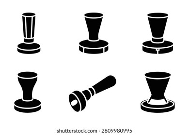 This vector illustration features a variety of essential barista tools displayed as clean black silhouettes against a pure white background The collection includes different coffee tampers and an espresso portafilter emphasizing professional brewin.