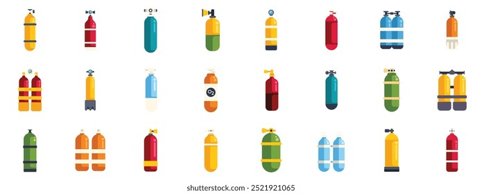 This vector illustration features various scuba diving and oxygen tanks, ideal for projects related to underwater exploration, diving safety, and aquatic adventures