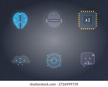 Esta Ilustración vectorial presenta varios símbolos relacionados con la robótica y la inteligencia artificial, incluyendo una cabeza de robot, un chip de circuito e íconos de chat. Es adecuado para temas de tecnología.