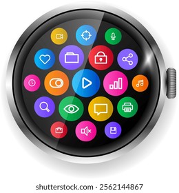 This vector illustration features a vibrant smartwatch interface showcasing a library of applications